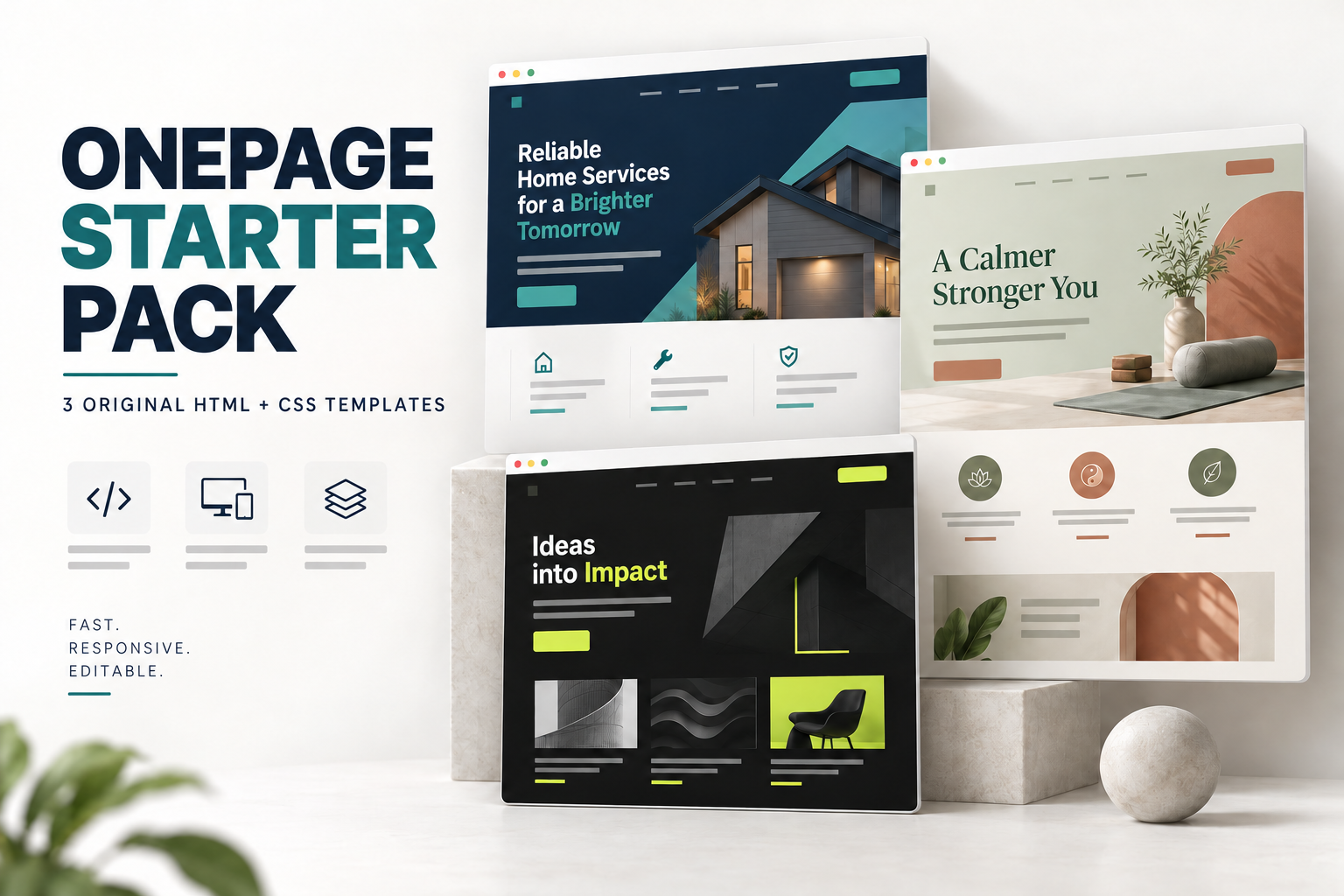Onepage Starter Pack cover showing three website-template styles